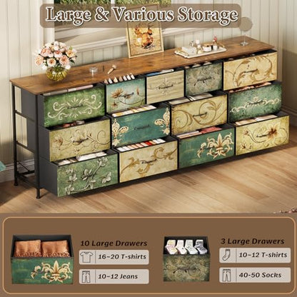 Dresser for Bedroom Chest of Drawers Fabric Dresser for Closet, Nursery Entryway Hall Tree TV Stand for Living Room Retro Floral Pattern Wooden Top (13 Drawers) - size: 13"D x 70.9"W x 26.8"H (13 Drawers)