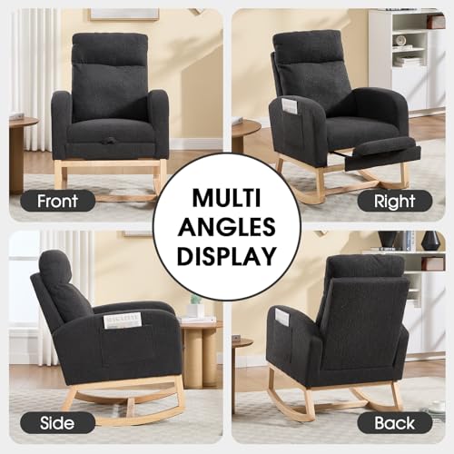 Rocking Chair Nursing, Rocker Chair with Footrest (Grey) | Teddy Boucle Upholstered Accent Reading Chair with High Back & Side Pocket for Living Room Bedroom Nursery Office - color: Grey