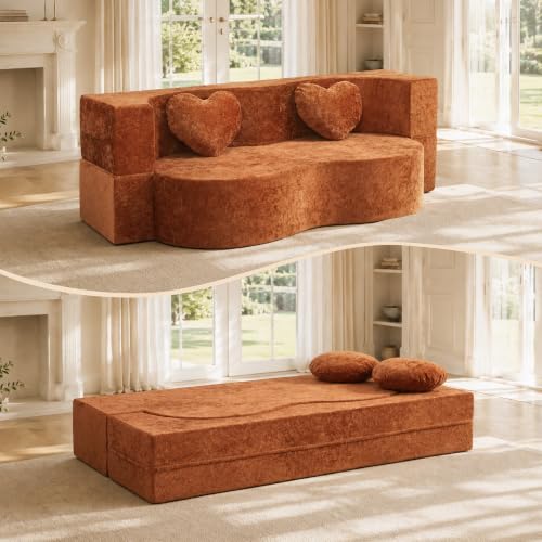 Convertible Folding Sofa Bed, 2-in-1 Floor Couch and Mattress,Modern Boneless Loveseat Sleeper in a Box for Small Spaces, No Assembly Foam Futon with 2 Pillows for Living Room (Caramel Brown, 39.37"W) - color: Caramel Brown, size: 39.37"W