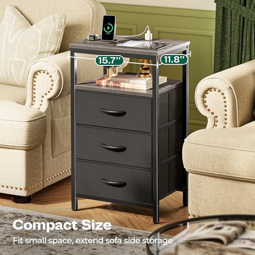 Huuger Night Stand with Charger Station and LED Lights, 3 Drawer Nightstand | Bed Side Table with Open ShelfEnd TableTall Fabric Dresser for Bedroom, Grey - color: Grey, size: 11.8"D x 15.7"W x 27.6"H（3 Drawers）