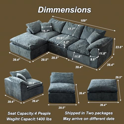 Cloud Couch Sectional for Living Room, Modular L Shaped Boneless Sofa with Chaise, Compressed No Assembly Couch, Deep Seat Chenille Upholstered Convertible Sofa Bed (Blue) - color: Blue