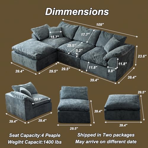 Cloud Couch Sectional for Living Room, Modular L Shaped Boneless Sofa with Chaise, Compressed No Assembly Couch, Deep Seat Chenille Upholstered Convertible Sofa Bed (Blue) - color: Blue