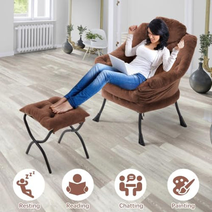Lazy Chair with Folding Ottoman,Leisure Sofa Chair,Soft Fabric Armchair with Armrests and Side Pockets, Reading Chair with Footrest for Living Room, Bedroom, Office (Plush Dark Brown) - color: Plush Dark Brown