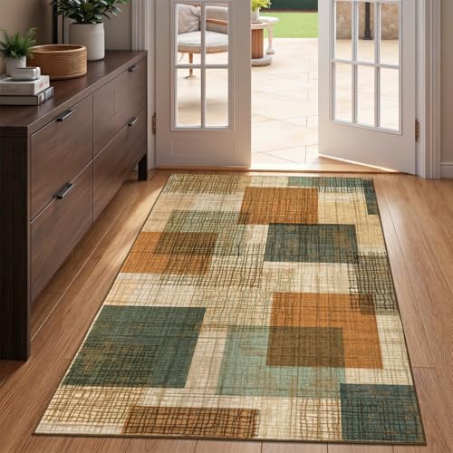 Area Rugs 3x5 Kitchen Rugs Entry Rug for Inside House Orange/Blue | Modern Geometric Entryway Rug, Non Slip Stain & Fade Resistant, Patchwork Area Rug for Entrance Bedroom Farmhouse Decor - color: Orange/Blue Multi, size: 3' x 5' (Rectangular)
