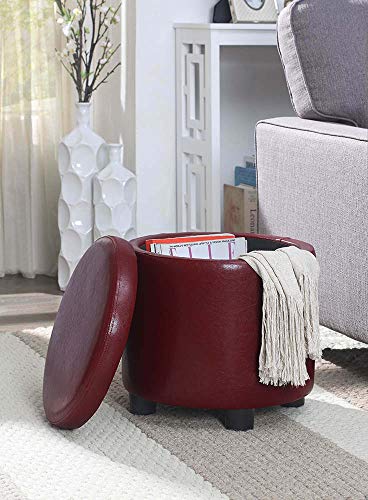 Convenience Concepts Designs4Comfort Round Accent Storage Ottoman in Burgundy Red Faux Leather Finish - color: Burgundy Faux Leather