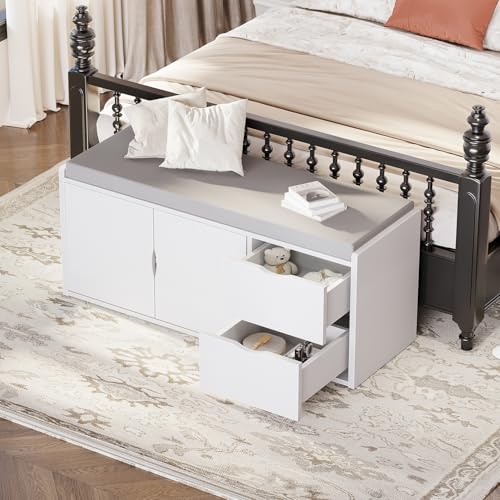 LVB Storage Entryway Bench, Long Shoe Bench with Drawers Storage Shelf | 40”Modern Entry Way Bench with Padded Cushioned Seating, Wood Shoe Rack Benchs for Foyer Entrance Living Bedroom, White Oak - color: White Oak
