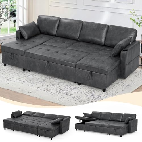 110 inches Suede Leather Sleeper Sofa w/Pull Out Bed, Grey | U-Shape Sectional Sofa Bed w/Adjustable Backrest and Storage Chaises, 4-Seats Upholstered Sofa Bed w/USB Port for Living Room - color: Grey, size: 110"