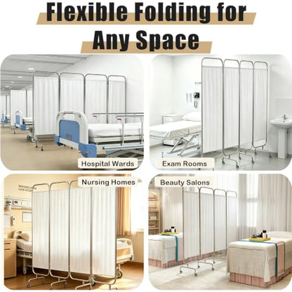 tonchean 4 Panel Medical Privacy Screen Folding Room Divider on Wheels | Medical Ward Divider White Portable Wall Partition and Dividers freestanding for Hospital Clinic Nursing Home Salon 79"Wx71"H