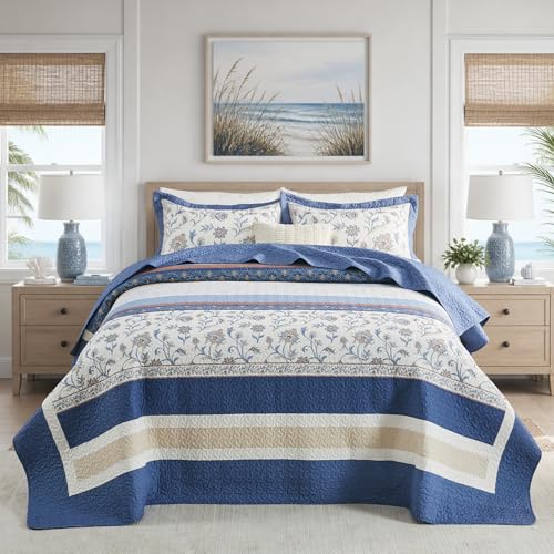 Quilta California King Quilt Set Oversized - Farmhouse Floral Striped Design Oversized King Bedspreads 128x120, 3-Piece 100% Cotton Lightweight Comforter Coverlet Set, Cal King, Navy/Cream/Taupe - color: Navy/Sky Blue/Terracotta/Cream, size: Cal King(128"