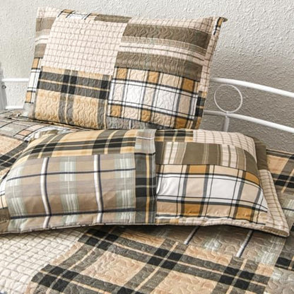 Jarson 3 Pcs Plaid Daybed Cover Set Twin Size Brown Beige Sofa Cover Double Side Bed Set Classic Patchwork Bedding Sets Daybed Quilt Set with Pillow Shams - color: Brown Beige
