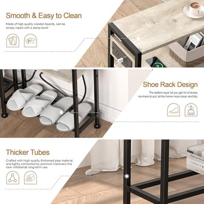 Small Narrow Side Table with Charging Station, Skinny End Table for Small Spaces, Slim Nightstand with Outlets, Sofa Bedside Table in Living Room, Bedroom, Kitchen and Balcony (Greige) - color: Greige