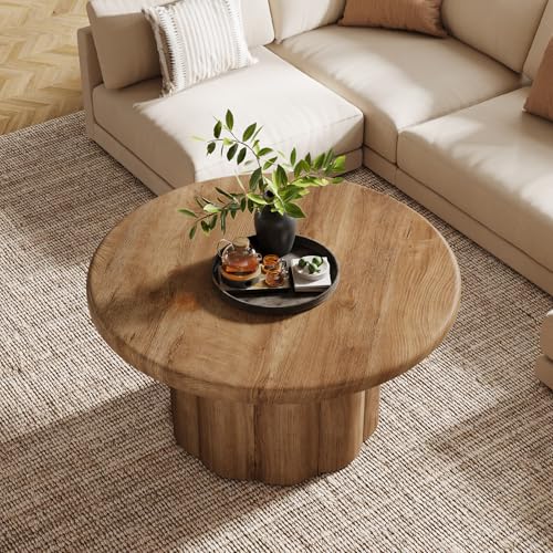 Tribesigns 31.5" Round Coffee Table for Living Room, Farmhouse Circle Center Cocktail Table with Fluted Drum Base, Wooden Living Room Furniture for Apartment, Small Space, Brown