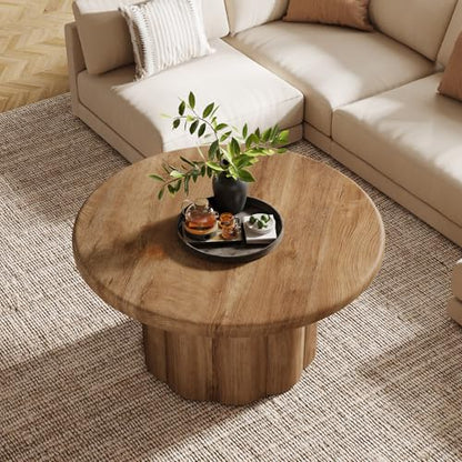 Tribesigns 31.5" Round Coffee Table for Living Room, Farmhouse Circle Center Cocktail Table with Fluted Drum Base, Wooden Living Room Furniture for Apartment, Small Space, Brown