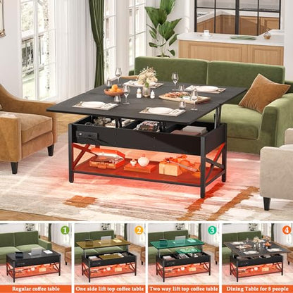 Aheaplus Lift Top Coffee Table with LED Light, Power Outlet & Shelves - Black - color: Black