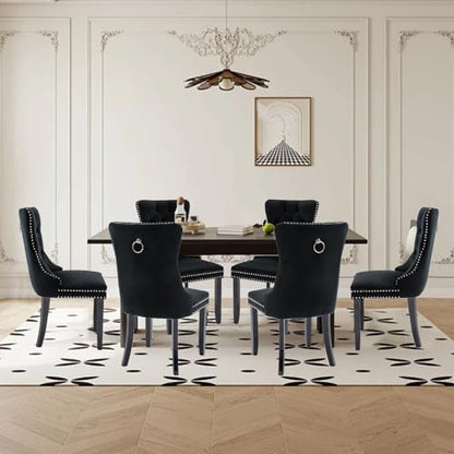 Velvet Upholstered Dining Chairs Set of 6, Modern Style Kitchen Side Chairs with Nailhead Trim and Wood Legs,Metal Pulling Ring for Dining Room Living Room(Black,Set of 6) - color: Black, size: Set of 6