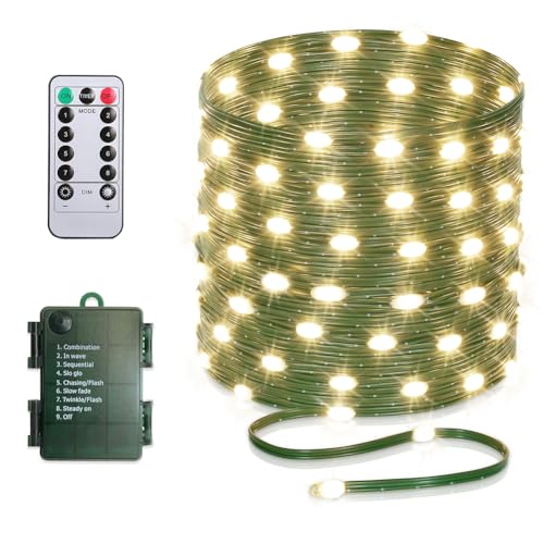 33ft Battery Operated String Lights, 100 LED Fairy String Lights Battery Powered w/Remote & Timer for Indoor Outdoor Christmas Trees Wreath Decoration Bedroom Patio - Warm White - color: Green Wire - Warm White