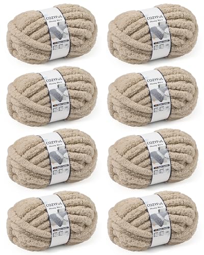 Cozyful Chunky Yarn for Hand Knitting, #9 Thick Jumbo Big Chunky Yarn for Crocheting, Super Chunky Knit Blanket Yarns, Large Chunky Chenille Yarns, 8 Pack (30 yds 8 oz Each Skein), Khaki - color: Khaki