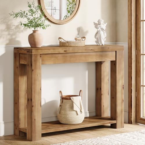 LITTLE TREE Solid Wood Console Table, Farmhouse 2-Tier Entryway Table, 43.3-Inch Narrow Sofa Table Behind The Couch for Living Room, Hallway, Foyer, Entrance