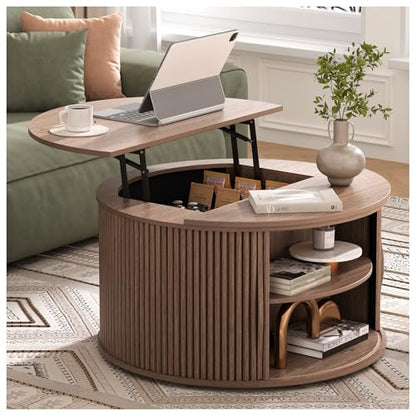 SULIVES Round Coffee Table with Lifting Top, Multifunctional Lift Top Drum Coffee Table with Sliding Door, Small Fluted Center Table for Living Room, Walnut - color: Walnut_round-lift-top