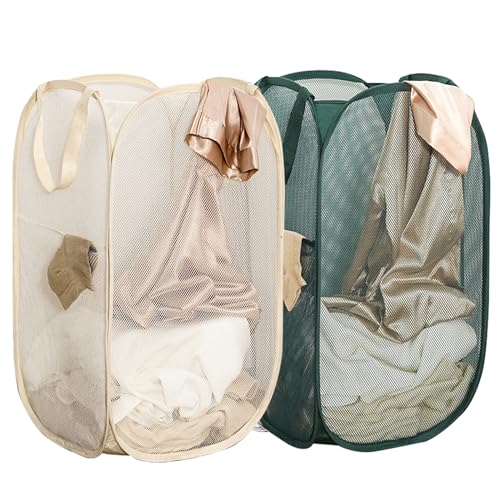 2Pack Collapsible Laundry Basket with Side Pocket, Mesh Pop Up Hamper Portable Carrying Handle, Cruise Room Storage Basket (Beige+Green) - color: Beige+Green