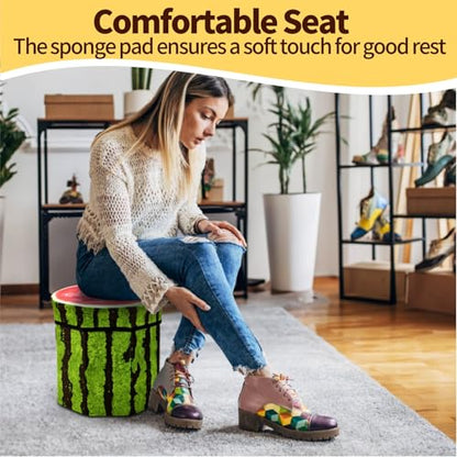 Covzoe 3 Pack Fruit Storage Stool, 12 x 12 Inch Folding Stool Ottoman | Collapsible Storage Seat Chest with Foam Cushion, Creative Organizer Stools Box for Patio Foot Rest