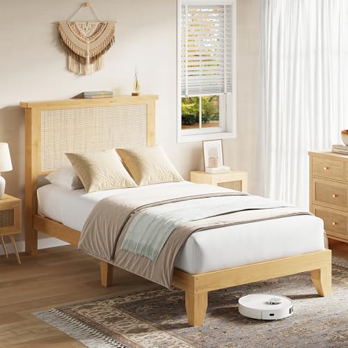 GarveeHome Rattan Twin Bed Frame, Boho Twin Size Bed Frame with Natural Rattan Headboard, Led Lights, Wooden Support Legs and Slats, Noise-Free, No Box Spring Needed - size: Twin