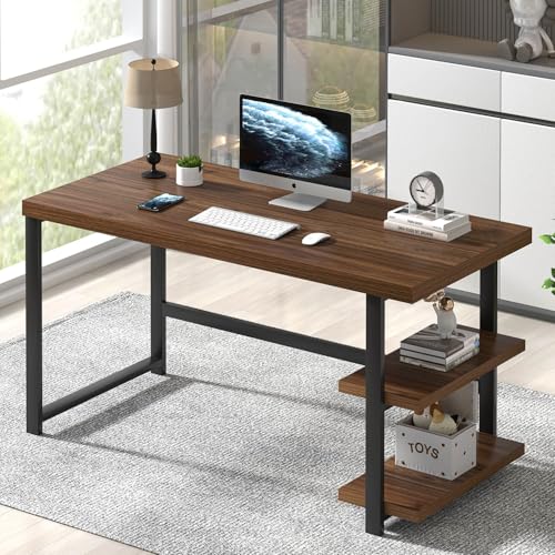 47 Inch Computer Desk, Small Home Office Desk with Storage Shelves, Industrial Writing Study Gaming Table Workstation for Living Room Bedroom, Rustic Walnut - color: Walnut, size: 47 inch