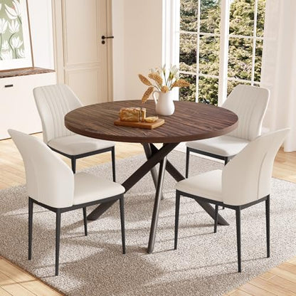 HIPIHOM 45.3'' Walnut Round Dining Table Set for 4, Mid Century Modern Small Coffee Set for Dining Room Kitchen Apartment (Dark Walnut Table + 4 White Chairs) - color: Walnut Table+4 White Chairs