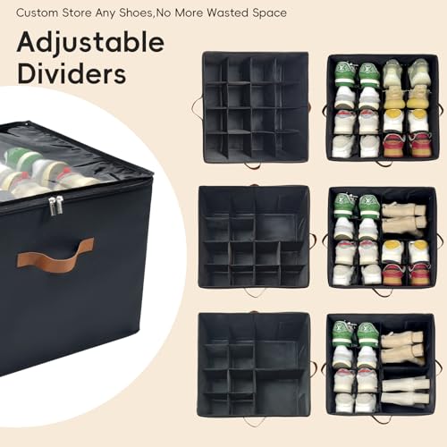Shoe Organizer for Closet, 2 Pack Shoe Storage Bins with Clear Cover, Foldable and Adjustable Dividers, Fits 16-32 Pairs, Black