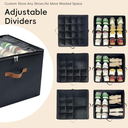 Shoe Organizer for Closet, 2 Pack Shoe Storage Bins with Clear Cover, Foldable and Adjustable Dividers, Fits 16-32 Pairs, Black