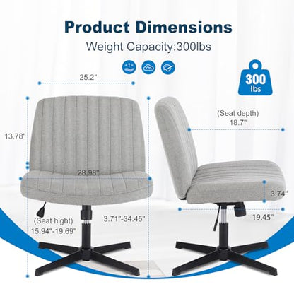 DUMOS Criss Cross Chair No Wheel Legged Office Wide Comfy Desk Vanity Chair, Armless Computer Task Seating Comfy Fabric, Swivel Home Height Adjustable for Bedroom, Study, Grey No Wheel - color: Grey No Wheel