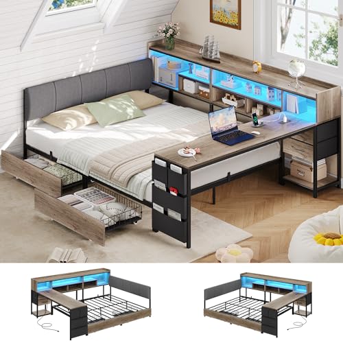 BYSAUD Corner Bed with Storage and Desk, Full Bed Frame, Corner Bed Frame Full with 4 Drawers, 7 Bookcase, 1 Side Storage Bag, Upholstered Headboard, LED Lights, Charging Station, Oak Gray - color: Oak Gray, size: Full Corner Bed