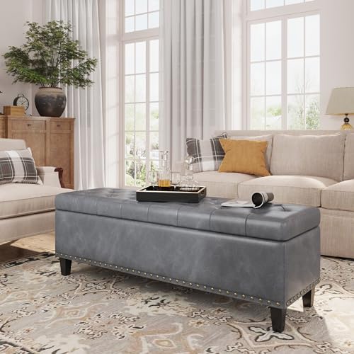 FiveWillowise 51 Inch Storage Ottoman Bench,Large End of Bed Storage Bench | Faux Leather Ottoman with Storage,30 Gallons,Upholstered,with Nailhead Trim,Legs,for Bedroom,Living Room,Entryway,Grey - color: Grey