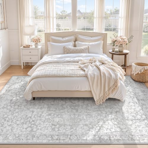 6x9 Area Rugs for Living Room: Boho Vintage Washable Rug Non-Slip Soft Stain Repellent Area Rugs Indoor Low-Pile Carpet for Bedroom Nursery Office Dining Room Playroom Farmhouse (Grey, 6'x9') - color: Grey, size: 6' x 9' (Rectangular)