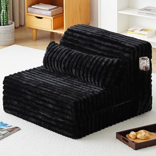 Folding Sofa Bed Convertible Sleeper Chair Mattress with Pillow & Side Pocket, Thick Corduroy Floor Mattress Couch Bed, Single Size, Black - color: Corduroy Black, size: Single Size