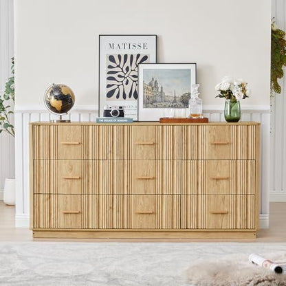 Fluted 9 Drawer Dresser,59"Wide Modern Chest of Drawers with Sturdy Base,Wood Closet Organizers,TV Stand,Storage Dresser with 9 Deep Drawers for Bedroom Living Room Hallway Entryway Nursery(Natural) - color: 9 Drawer Dresser Natural