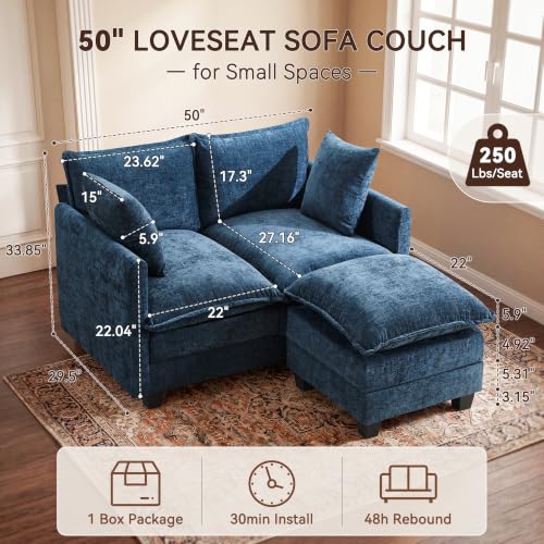 50" Loveseat Sofa with Ottoman, Cloud 2-Layer Cushion & 27" Deep Seat, Modern Love Seat Small Couch with 2 Washable Pillows for Small Spaces, Bedroom, Apartment, Office, Living Room, in a Box, Blue - color: Blue, size: Loveseat with Ottoman