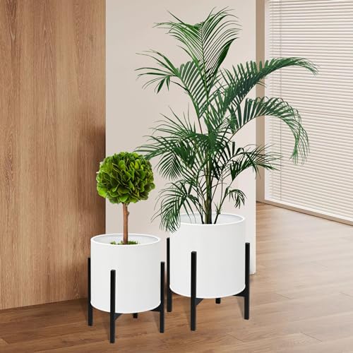 ARNIS Modern Plant Pots, Set of 2 Large Planters with Stand, Decorative Planters, Metal Pots with Drainage Holes for Living Room, Office, Garden or Balcony, 8.25 &10.5 Inch, White - color: White, size: 8.25 &10.5