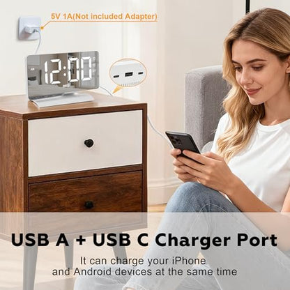 Digital Clock,Alarm Clock Bedside,7.3'' Large LED Mirror with Date Display,Dual Alarm with 3 Mode,Brightnee Adjust,DST,Snooze Function,USB C Charging Port,5 Levels Volume for Desk Bedroom Teens - color: White