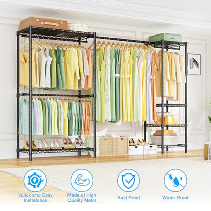 E10 Clothes Rack（With Stretchable Hanger Rod）Freestanding Clothing Racks for Hanging Clothes，Adjustable Closet Organizer System，Portable Garment Rack 73-97"W x 15" D x 72" H，Max Load 800LBS，Black - color: Black