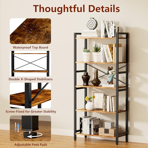 5 Tier Bookshelf,Storage Shelf with Steel Frame,Free Standing Open Book Shelves Storage Display Shelf - size: 5 Tier