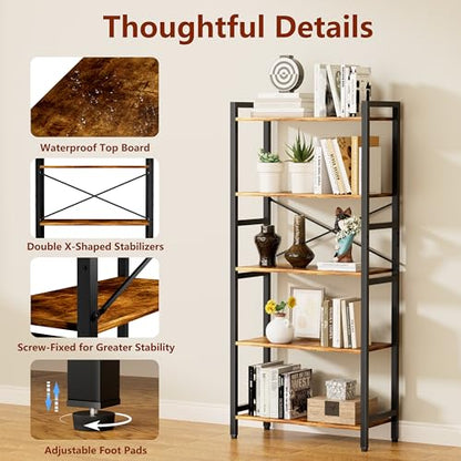 5 Tier Bookshelf,Storage Shelf with Steel Frame,Free Standing Open Book Shelves Storage Display Shelf - size: 5 Tier