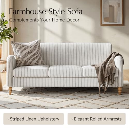 HULALA HOME Farmhouse Curved Couch with Stripe Pattern, 3 Seater Sofa, Grey | with Solid Wood Spindle Legs and Rolled Wide Armrests, Comfy Upholstered Sofa for Living Room Bedroom - color: Grey, size: 3-Seater Sofa