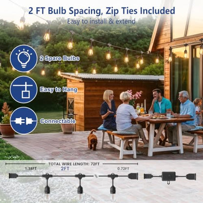 72FT Outdoor String Lights with Remote, Waterproof & Connectable | 2FT Bulb Spacing, Heavy Duty Commercial Grade, 18 AWG Cord, 36+2 Shatterproof Bulbs, IP65, Timer & Dimmable, 2700K Warm White - size: 72FT (36 Sockets)
