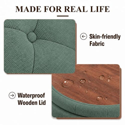 25" Round Ottoman with Storage, Small Coffee Table with Reversible Tray Lid | Tufted Fabric Round Storage Ottoman with Solid Wood Legs, 3-in-1 Footrest for Living Room, Bedroom, Entryway, Green - color: Green