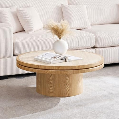 35.43 Round Coffee Table with Sintered Stone Tabletop & Sturdy Base, Modern MDF Circle Center Table Double Layer Tabletop Tea Table for Living Room, Easy Assembly - Natural - color: 35.43" Coffee Table With Sintered Tabletop,natural