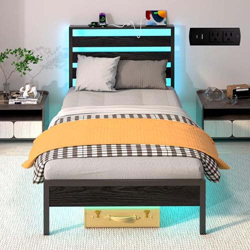 J.Fkne Twin Bed Frame with Headboard, Platform Bed with LED & Charging Station, Heavy Duty Metal Slats, No Box Spring Needed, Noise Free, Easy Assembly, Black - size: Twin, style: Contemporary