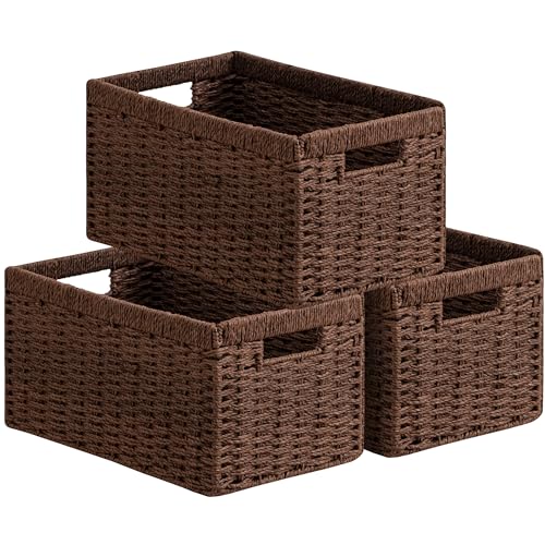 UBBCARE 3 Pack Wicker Basket, 13.4L×8.3H×7.1W inch Woven Paper Rope Storage Baskets for Shelves, Foldable Rectangular Storage Baskets with Handle, Storage Basket for Organizing, Dark Brown - color: Dark Brown, size: Rectangular- 3pack 13.4"×8.3"×7.1"