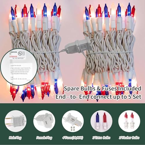 100 Count Red White and Blue Mini String Lights with White Wire,Connectable 19.6ft 120V Waterproof 4th of July Patriotic Incandescent Lights, Independence Day Lights for Outdoor Indoor Decor - color: Red White Blue