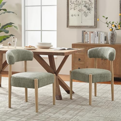 VKNOW Wooden Dining Chairs Set of 2 with Rubberwood Legs, Curved Backrest | Modern Upholstered Dining Chairs with Thickened Cushion, Soft Chenille Fabric, for Dining Room/Kitchen, Green - color: Green, size: Set of 2